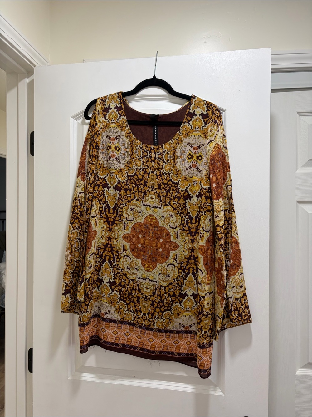 Olivaceous 100% Silk Boho Patchwork Mosaic Print Tunic Blouse